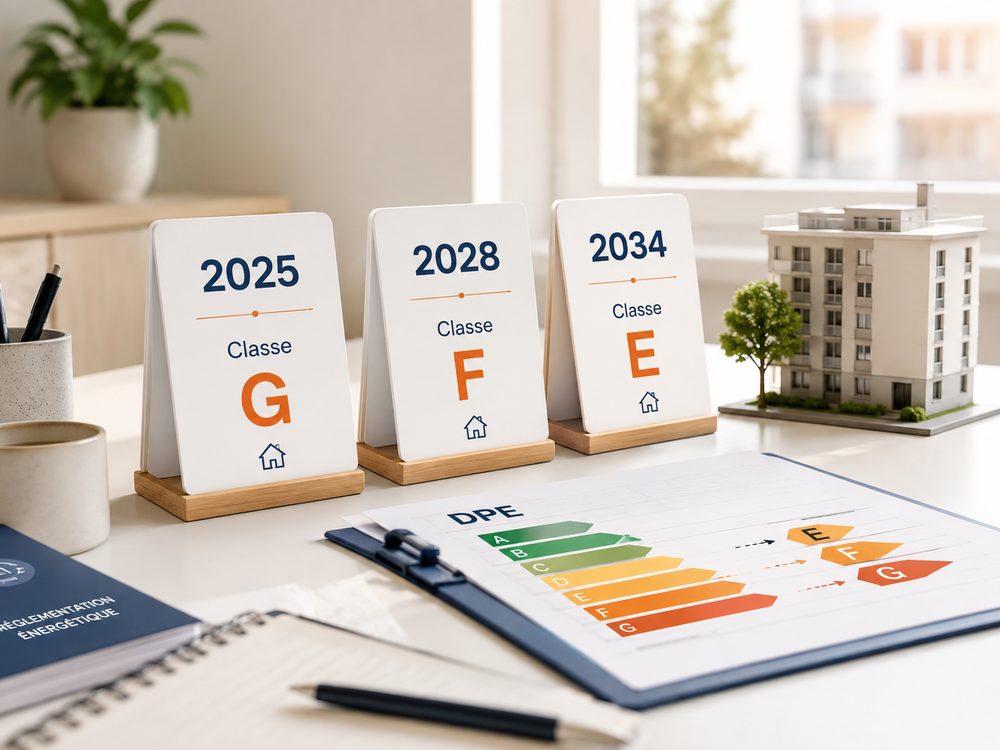 Chevalets 2025, 2028 et 2034 posés à côté d'une étiquette DPE et d'une maquette d'immeuble