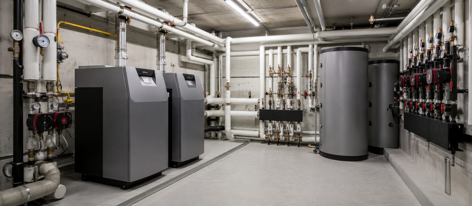 Chaufferie collective modernisée d'un immeuble d'habitation : générateurs, ballons de stockage et collecteurs