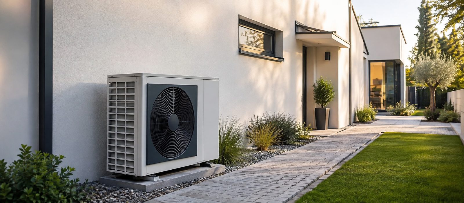 Unité extérieure de pompe à chaleur air/eau installée le long d'une maison rénovée