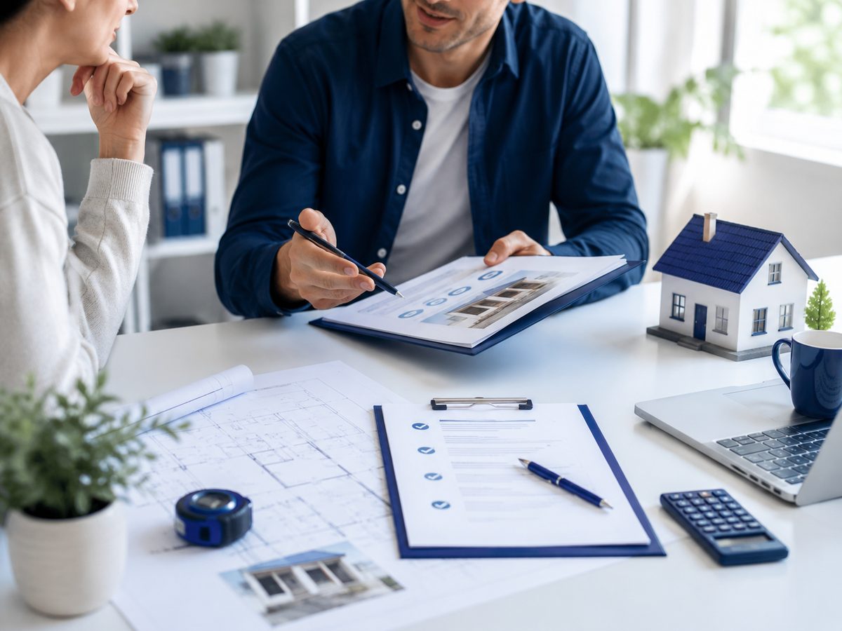 Un conseiller JL Consulting présente un dossier de rénovation d'ampleur à une cliente, plans et devis sur la table