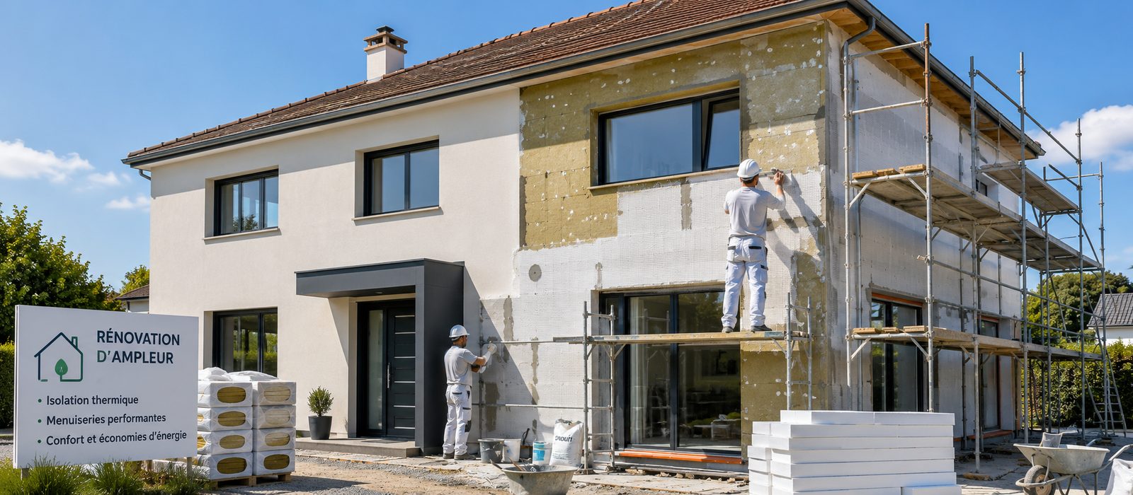 Chantier de rénovation d'ampleur : pose d'une isolation thermique par l'extérieur et menuiseries remplacées