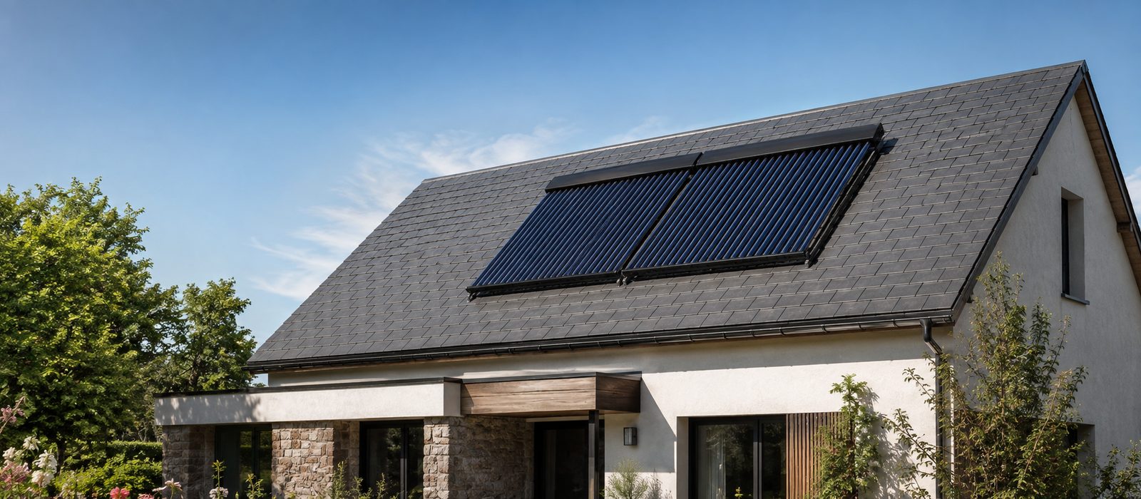 Capteurs solaires thermiques intégrés en toiture d'une maison individuelle