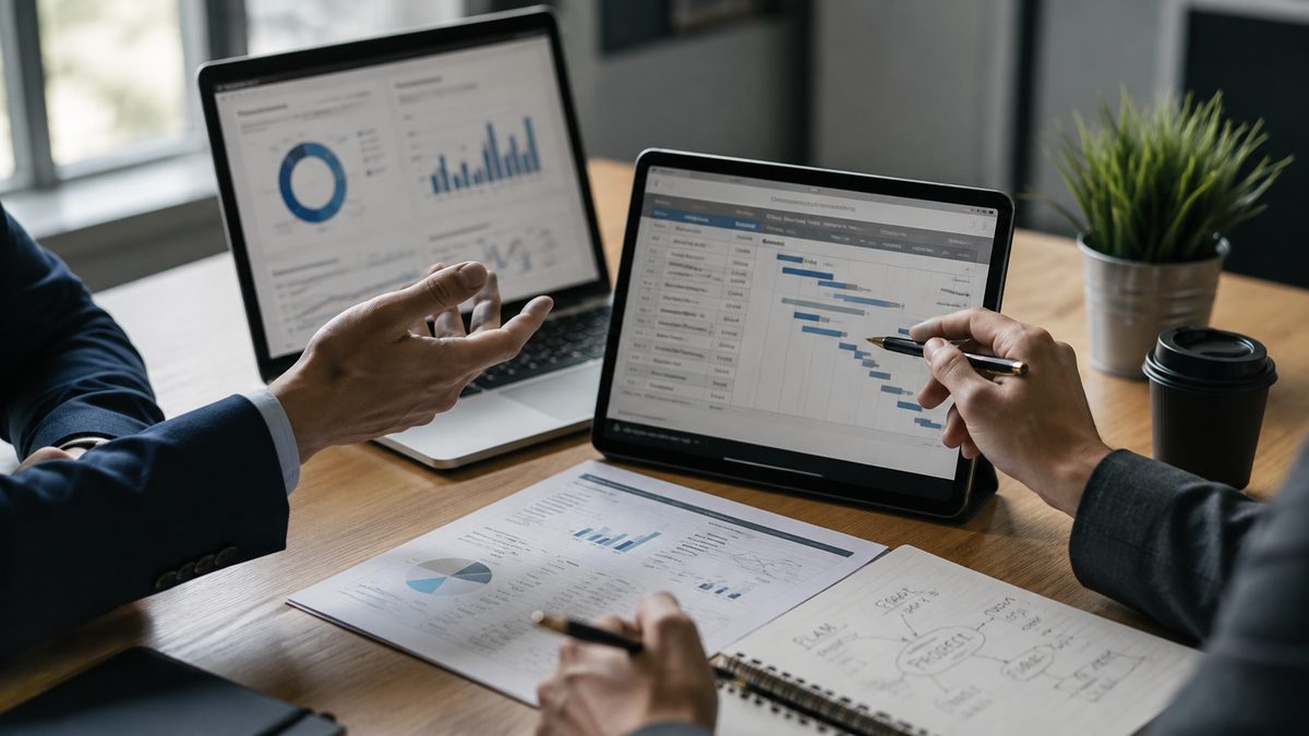 Deux interlocuteurs analysent le plan de financement et le calendrier d'un projet solaire sur ordinateur et tablette